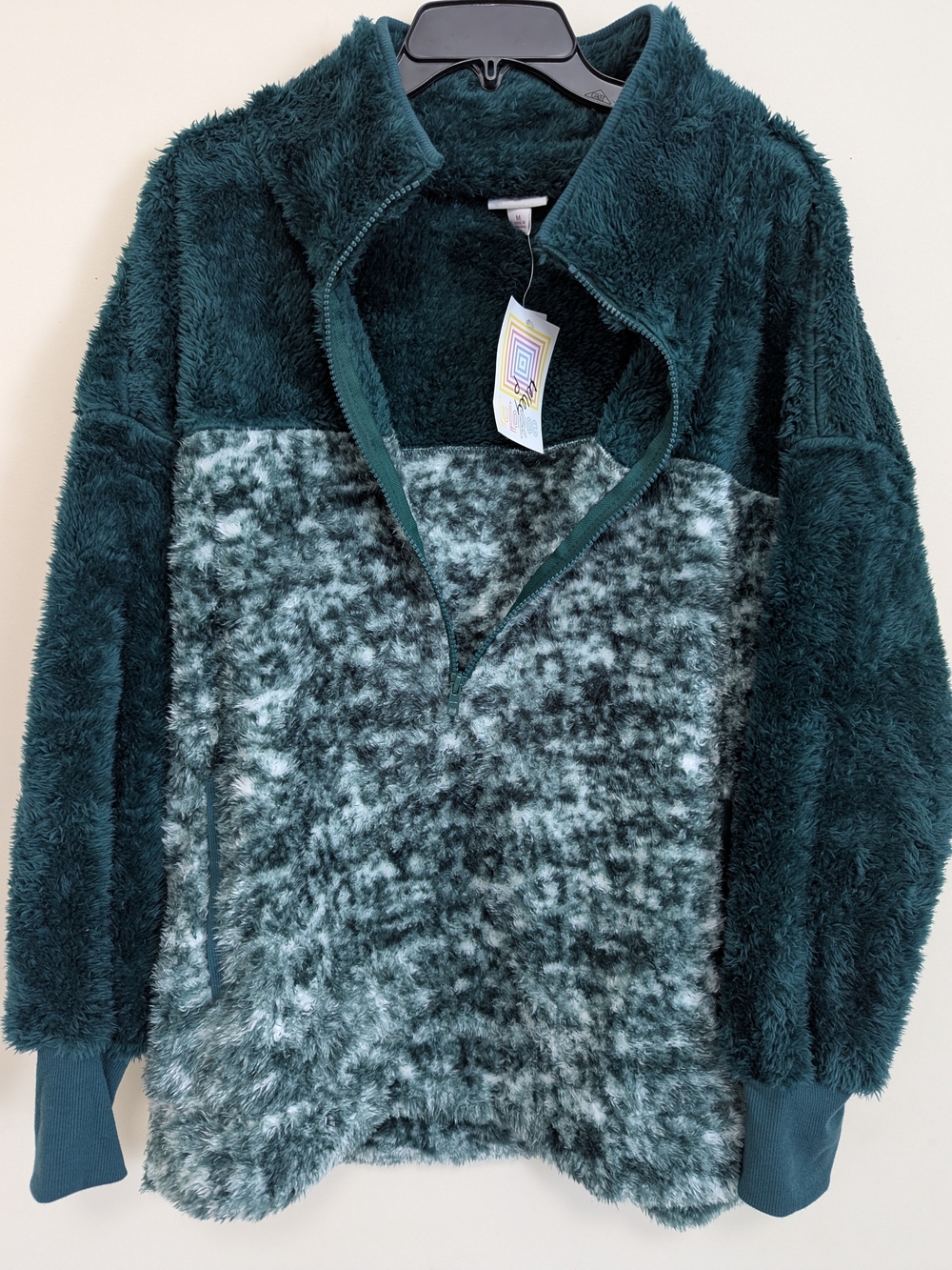 LuLaRoe Nancy Teal Green Plush Half-Zip Pullover Sweater